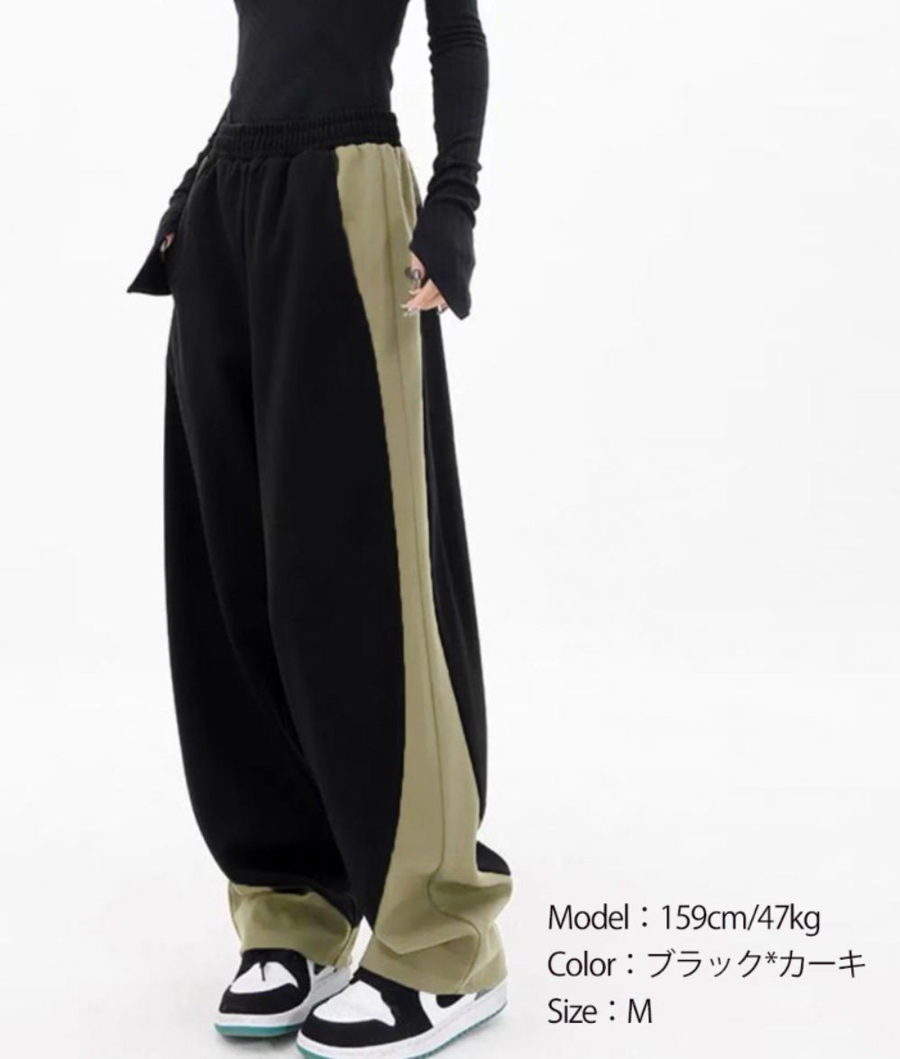 レディースワイドパンツ サイド切り替えスウェット素材ワイドパンツ