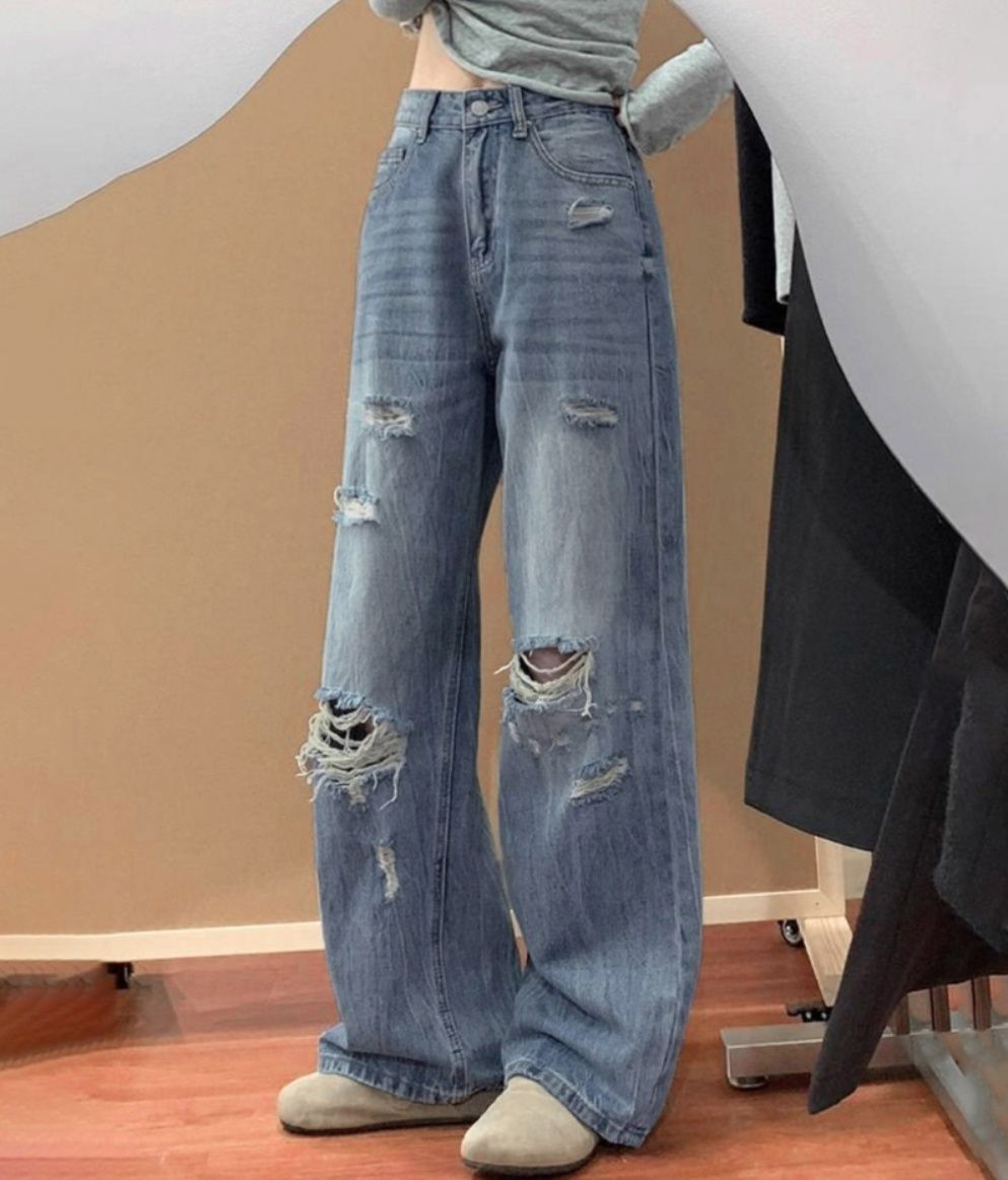 レディースワイドパンツ ダメージ加工デニムワイドパンツ ゆったりレッグ