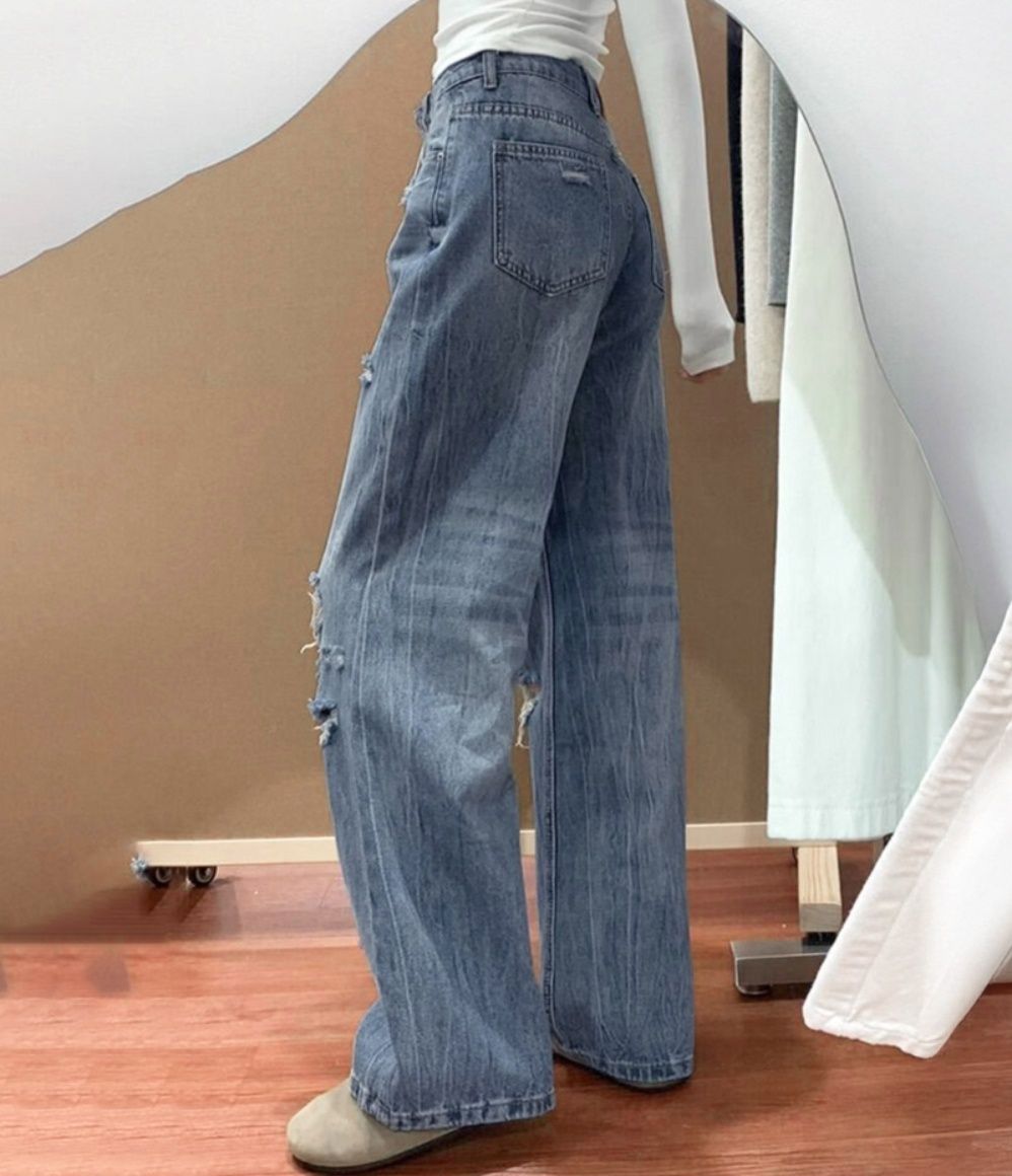 レディースワイドパンツ ダメージ加工デニムワイドパンツ ゆったりレッグ