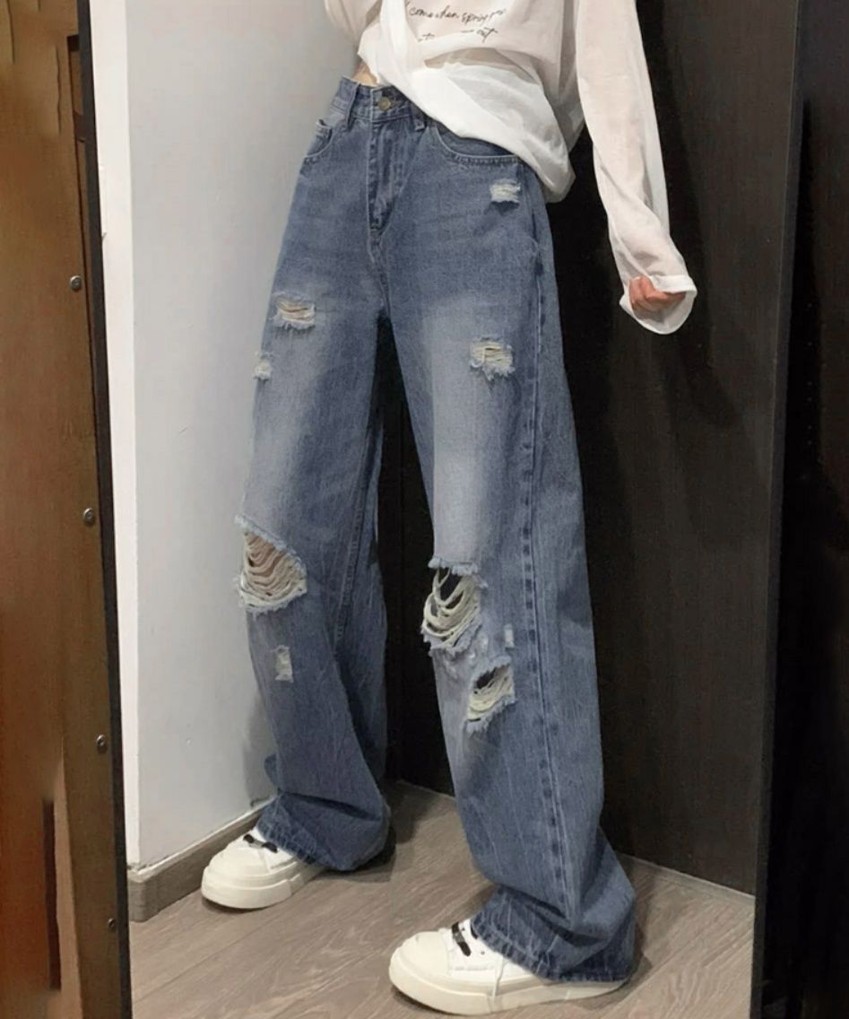 レディースワイドパンツ ダメージ加工デニムワイドパンツ ゆったりレッグ