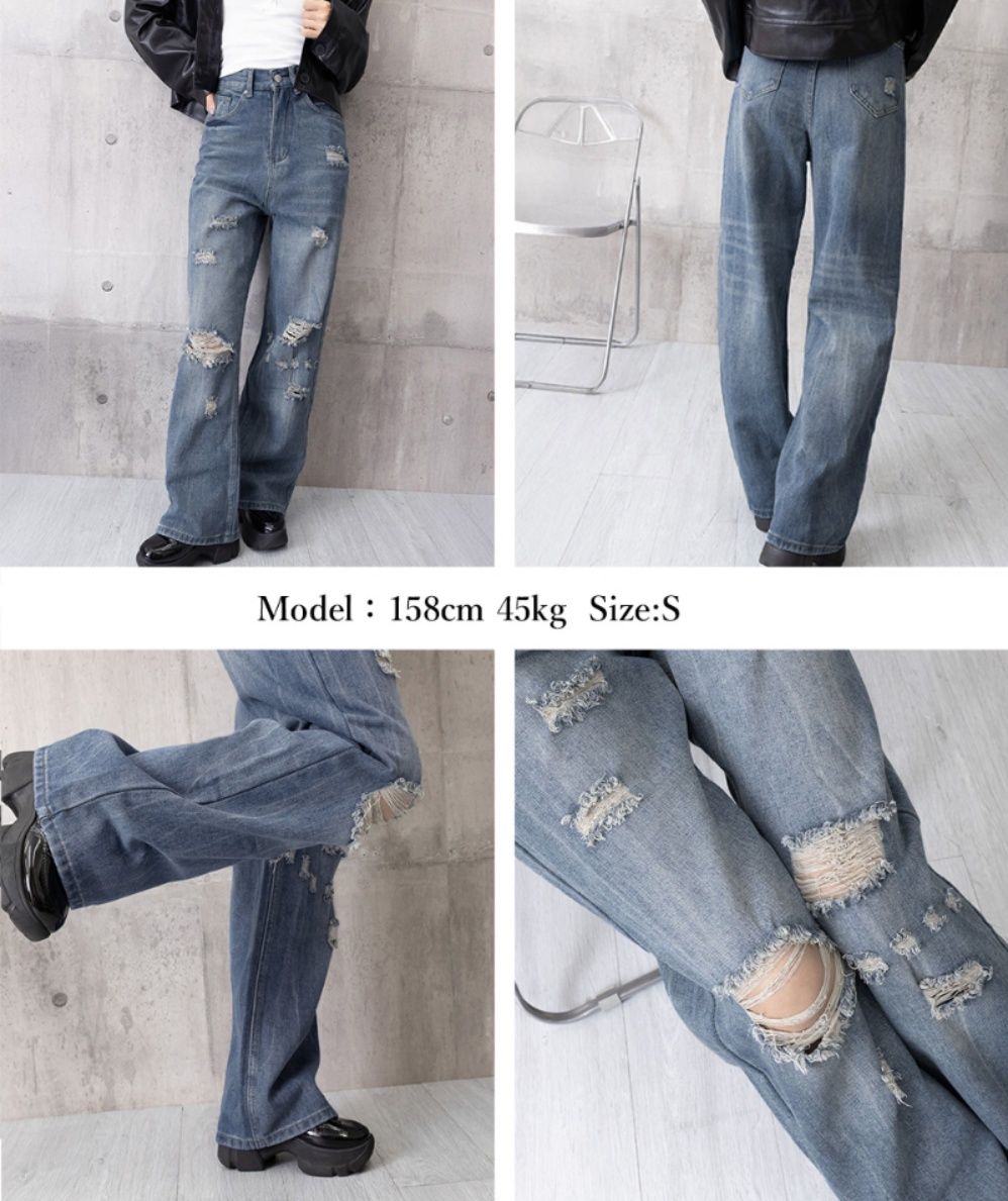 レディースワイドパンツ ダメージ加工デニムワイドパンツ ゆったりレッグ