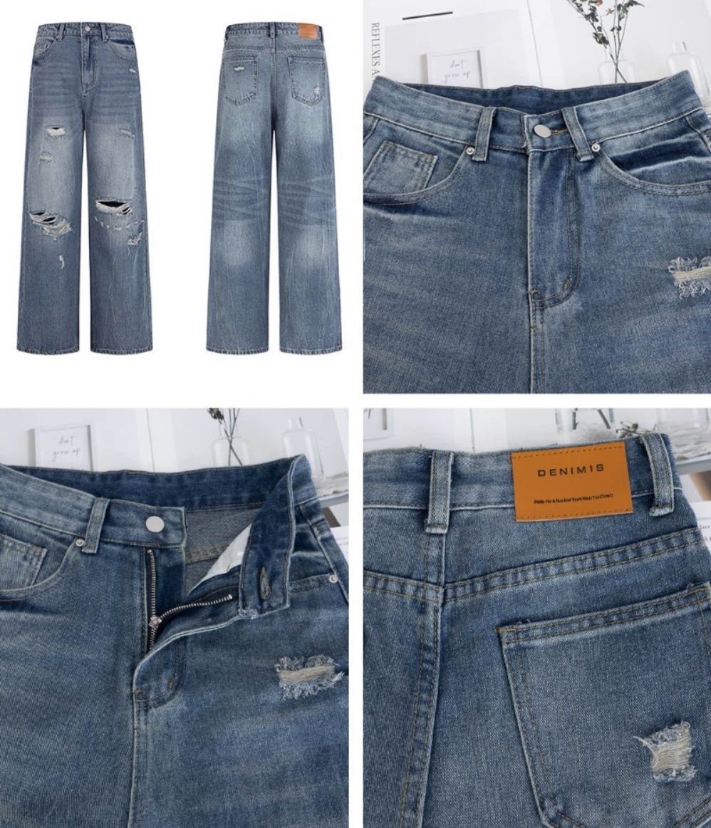 レディースワイドパンツ ダメージ加工デニムワイドパンツ ゆったりレッグ