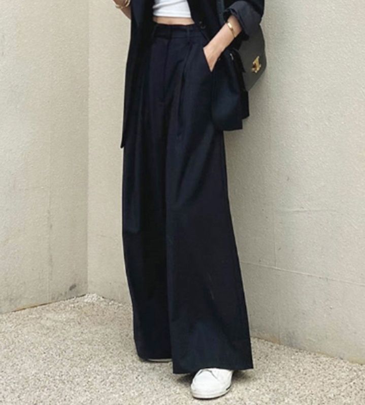 レディースワイドパンツ 着痩せハイウエストタックパンツ レディース ロング丈ワイドパンツ