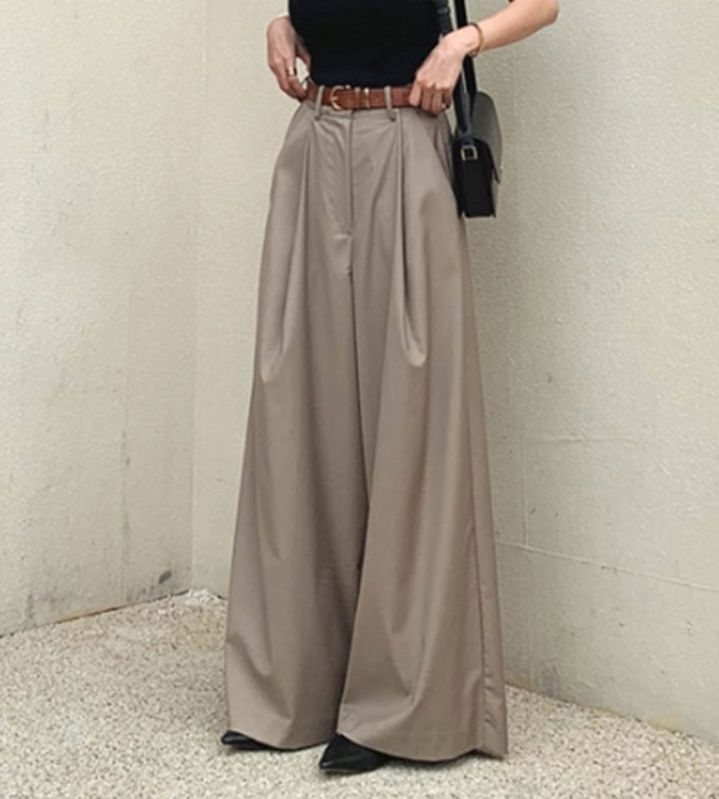 レディースワイドパンツ 着痩せハイウエストタックパンツ レディース ロング丈ワイドパンツ