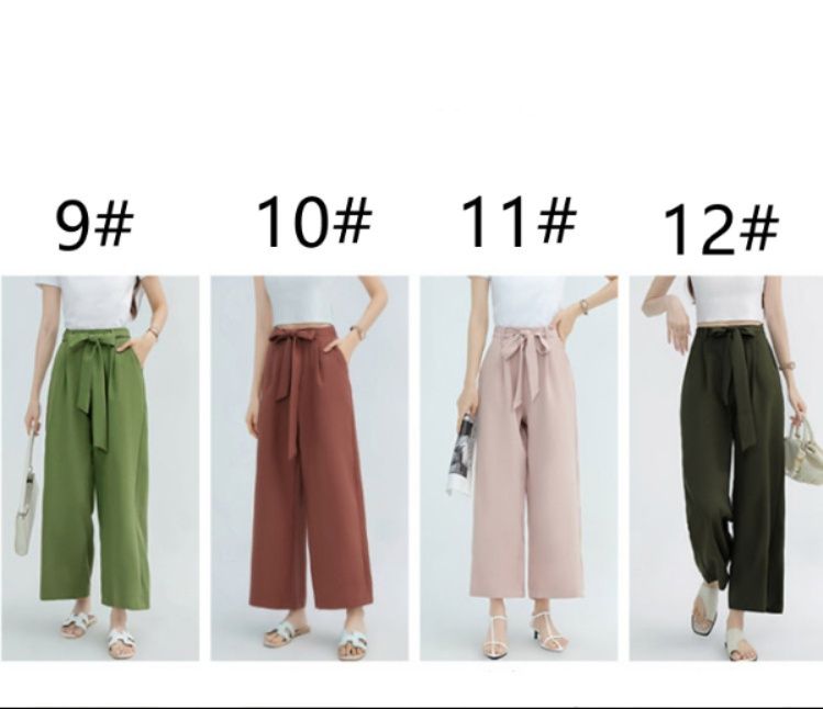レディースワイドパンツ リボン付ハイウエストガウチョパンツ美脚ワイドボトムス全12色