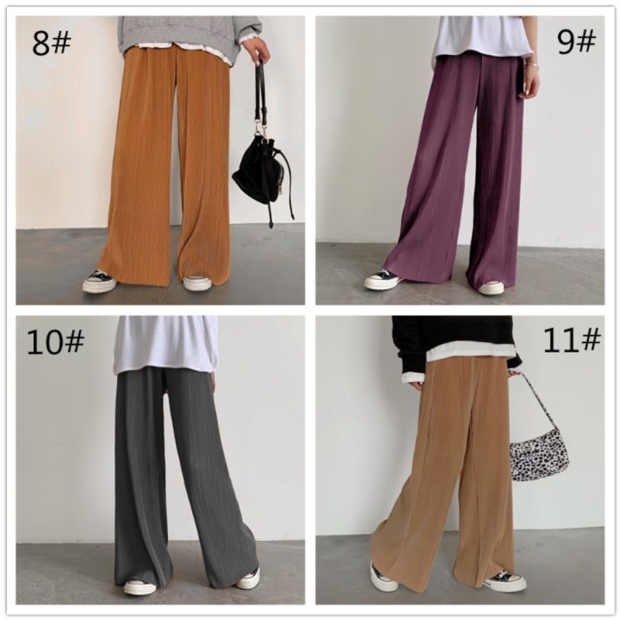 レディースワイドパンツ プリーツワイドパンツ セルフカット ウエストゴム 全13色 大きいサイズ対応