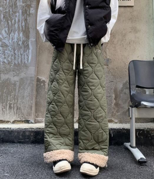 レディースワイドパンツ 秋冬中綿入り防寒ワイドパンツ厚手キルティング