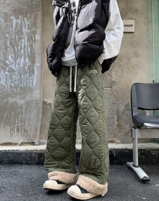 レディースワイドパンツ 秋冬中綿入り防寒ワイドパンツ厚手キルティング