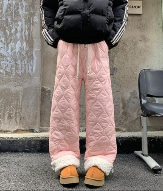 レディースワイドパンツ 秋冬中綿入り防寒ワイドパンツ厚手キルティング
