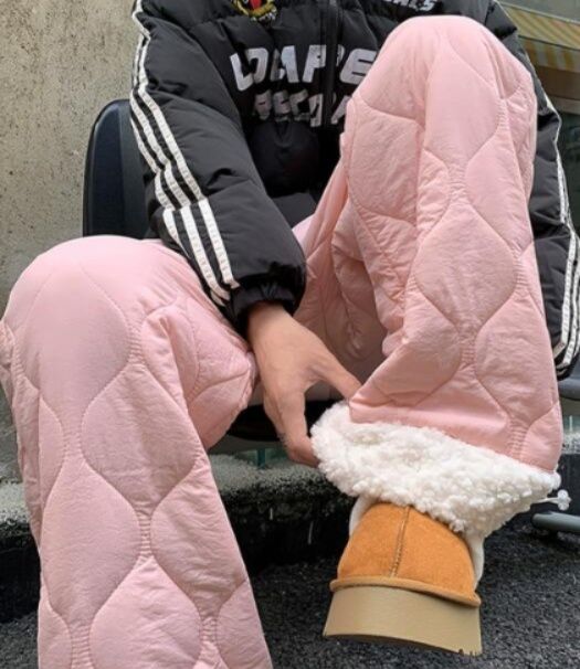 レディースワイドパンツ 秋冬中綿入り防寒ワイドパンツ厚手キルティング