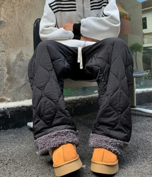 レディースワイドパンツ 秋冬中綿入り防寒ワイドパンツ厚手キルティング