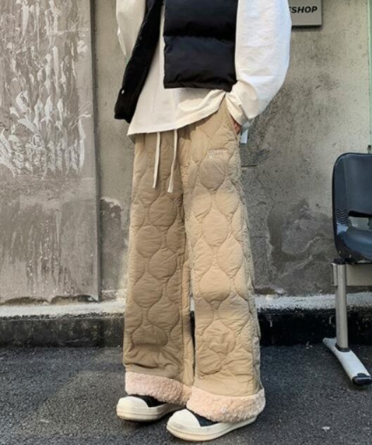 レディースワイドパンツ 秋冬中綿入り防寒ワイドパンツ厚手キルティング