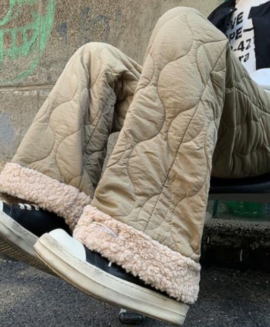 レディースワイドパンツ 秋冬中綿入り防寒ワイドパンツ厚手キルティング