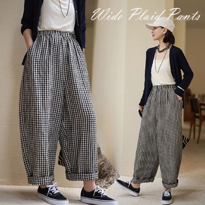 レディースワイドパンツ チェック柄ワイドパンツ ウエストゴム レディース