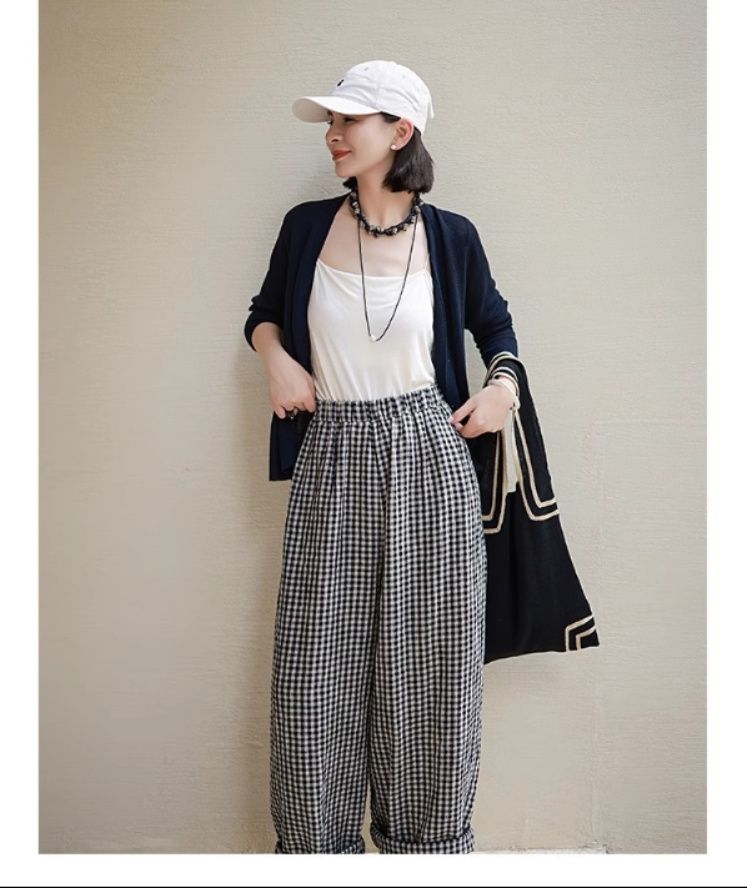 レディースワイドパンツ チェック柄ワイドパンツ ウエストゴム レディース