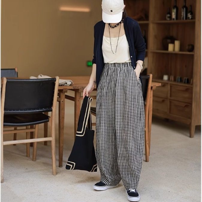 レディースワイドパンツ チェック柄ワイドパンツ ウエストゴム レディース