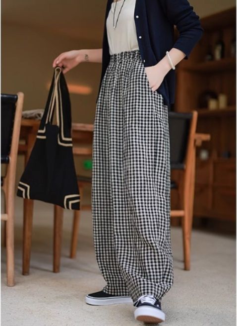 レディースワイドパンツ チェック柄ワイドパンツ ウエストゴム レディース