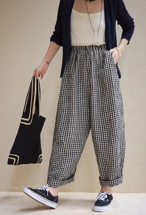 レディースワイドパンツ チェック柄ワイドパンツ ウエストゴム レディース