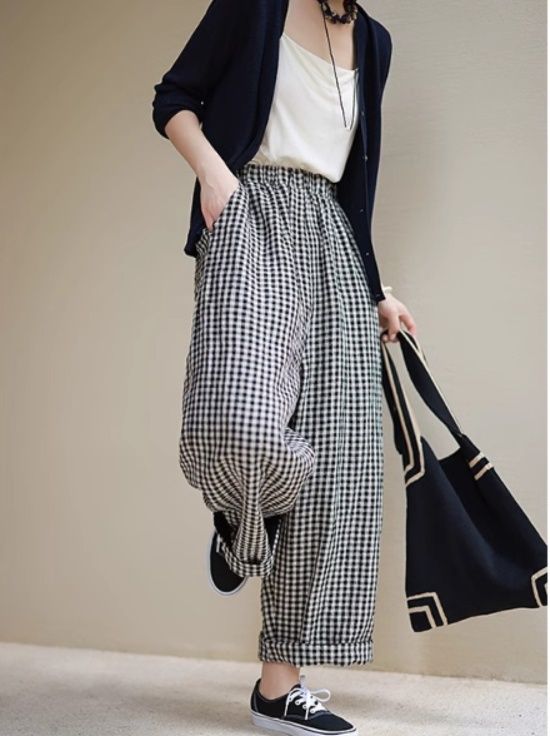 レディースワイドパンツ チェック柄ワイドパンツ ウエストゴム レディース