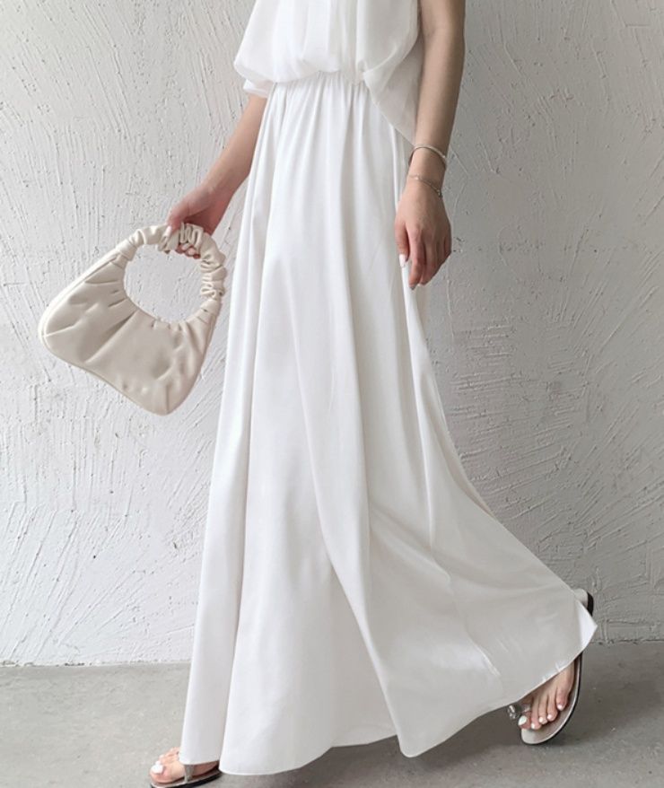 レディースワイドパンツ スカーチョ レディース サテン ワイドパンツ ウエストゴム きれいめ