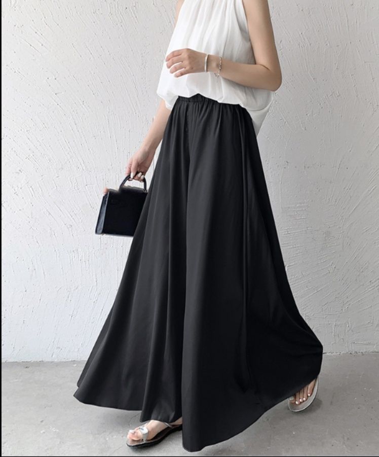 レディースワイドパンツ スカーチョ レディース サテン ワイドパンツ ウエストゴム きれいめ