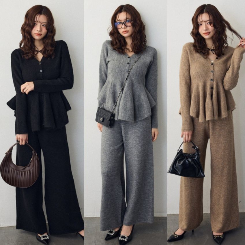 レディースワイドパンツ 韓国風ニットセットアップ ワイドパンツスーツ 三色展開