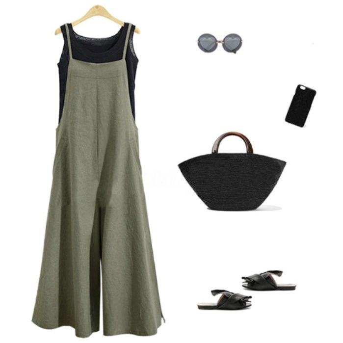 レディースワイドパンツ 綿麻無地サロペット ゆったり体型カバーワイドパンツ