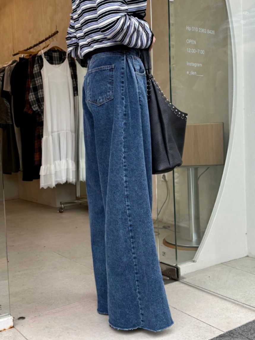 レディースワイドパンツ 上品な大人気質のウエストベルト付きルーズデニムワイドパンツ