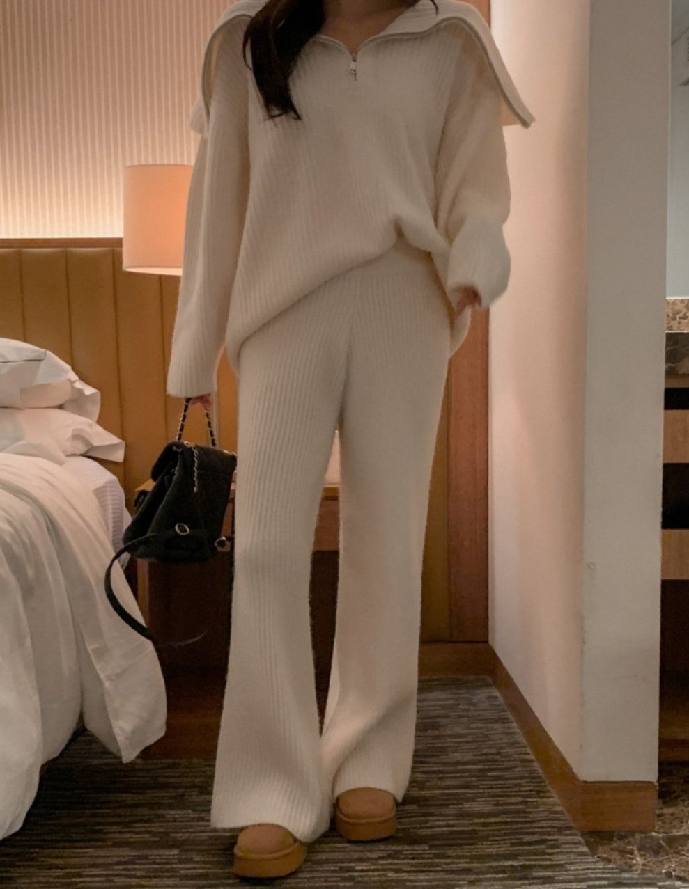 レディースワイドパンツ 秋冬新作ニットセットアップ ワイドパンツ上下セット