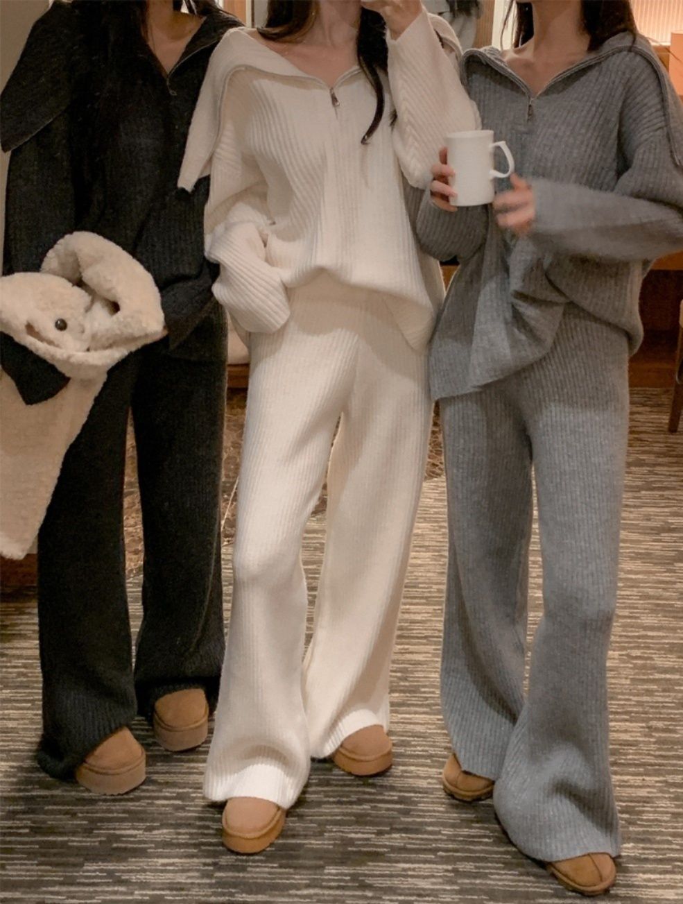レディースワイドパンツ 秋冬新作ニットセットアップ ワイドパンツ上下セット