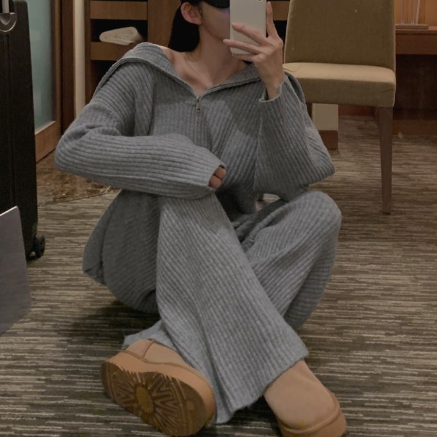 レディースワイドパンツ 秋冬新作ニットセットアップ ワイドパンツ上下セット