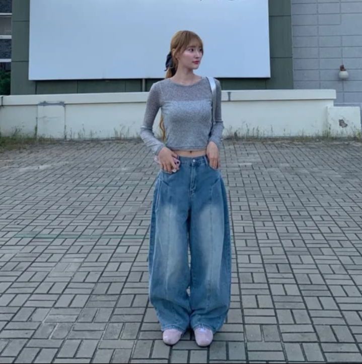 レディースワイドパンツ 韓国風ゆったりデニムワイドパンツ