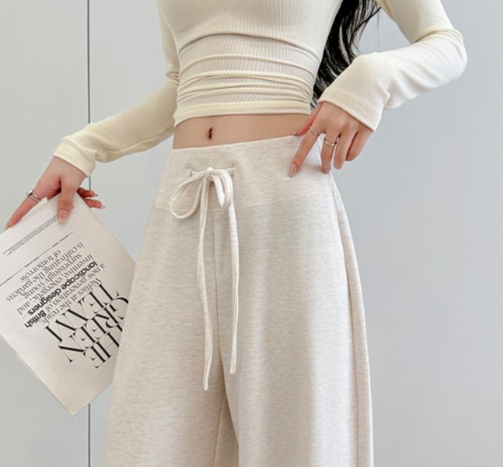 レディースワイドパンツ 韓国風紐付きワイドパンツ女性用ボトムス3色展開