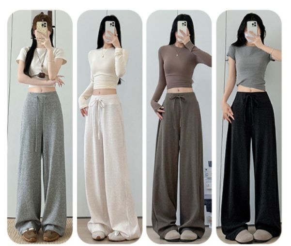 レディースワイドパンツ 韓国風紐付きワイドパンツ女性用ボトムス3色展開