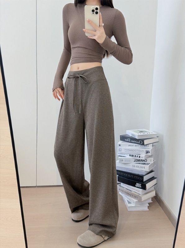 レディースワイドパンツ 韓国風紐付きワイドパンツ女性用ボトムス3色展開