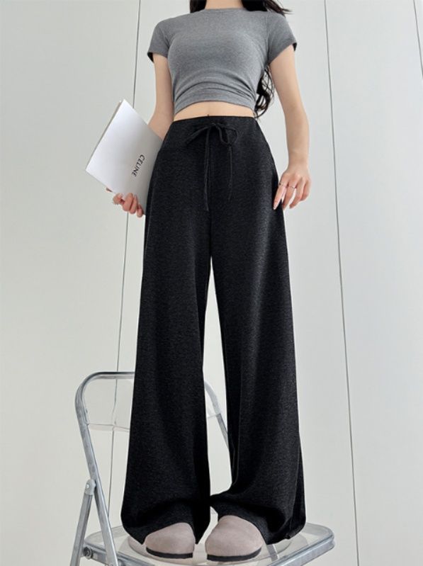 レディースワイドパンツ 韓国風紐付きワイドパンツ女性用ボトムス3色展開