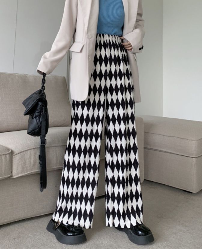 レディースワイドパンツ 話題沸騰チェック柄ハイウエストゆったりロングパンツ