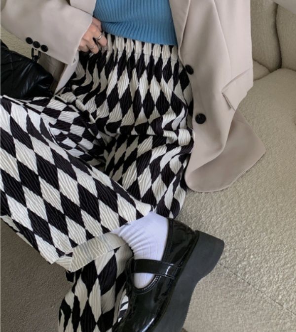 レディースワイドパンツ 話題沸騰チェック柄ハイウエストゆったりロングパンツ