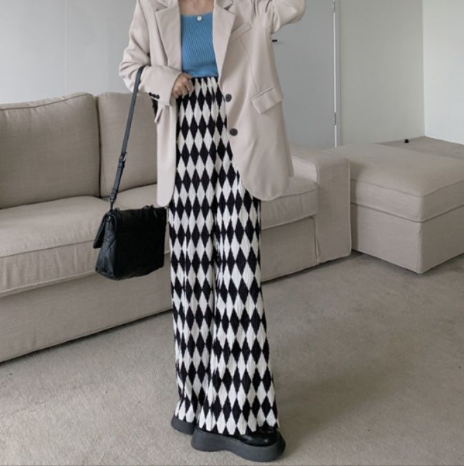 レディースワイドパンツ 話題沸騰チェック柄ハイウエストゆったりロングパンツ
