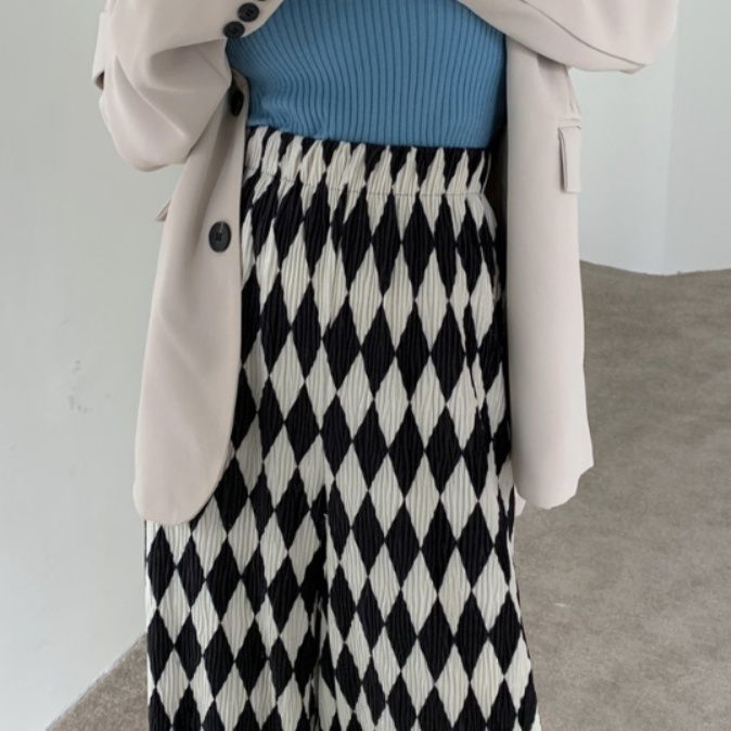 レディースワイドパンツ 話題沸騰チェック柄ハイウエストゆったりロングパンツ