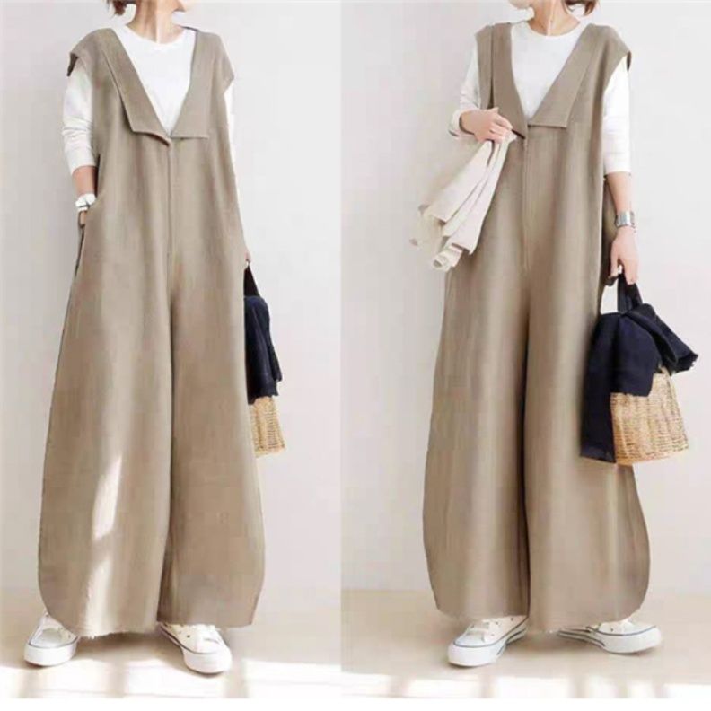 レディースワイドパンツ 新作サロペットワイドパンツ 体型カバーロングオールインワン