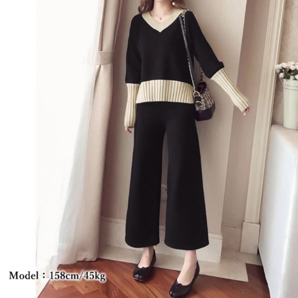 配色ニット上下セット レディースワイドパンツ