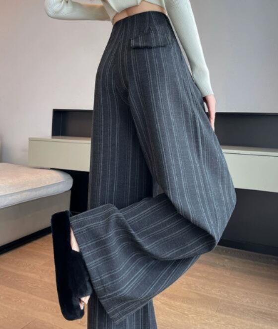 レディースワイドパンツ レディース ストライプ柄ワイドパンツ ゆったりスラックス