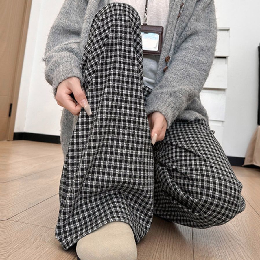 レディースワイドパンツ チェック柄ハイウエストワイドパンツ秋冬