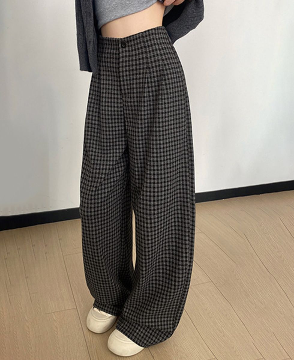 レディースワイドパンツ チェック柄ハイウエストワイドパンツ秋冬