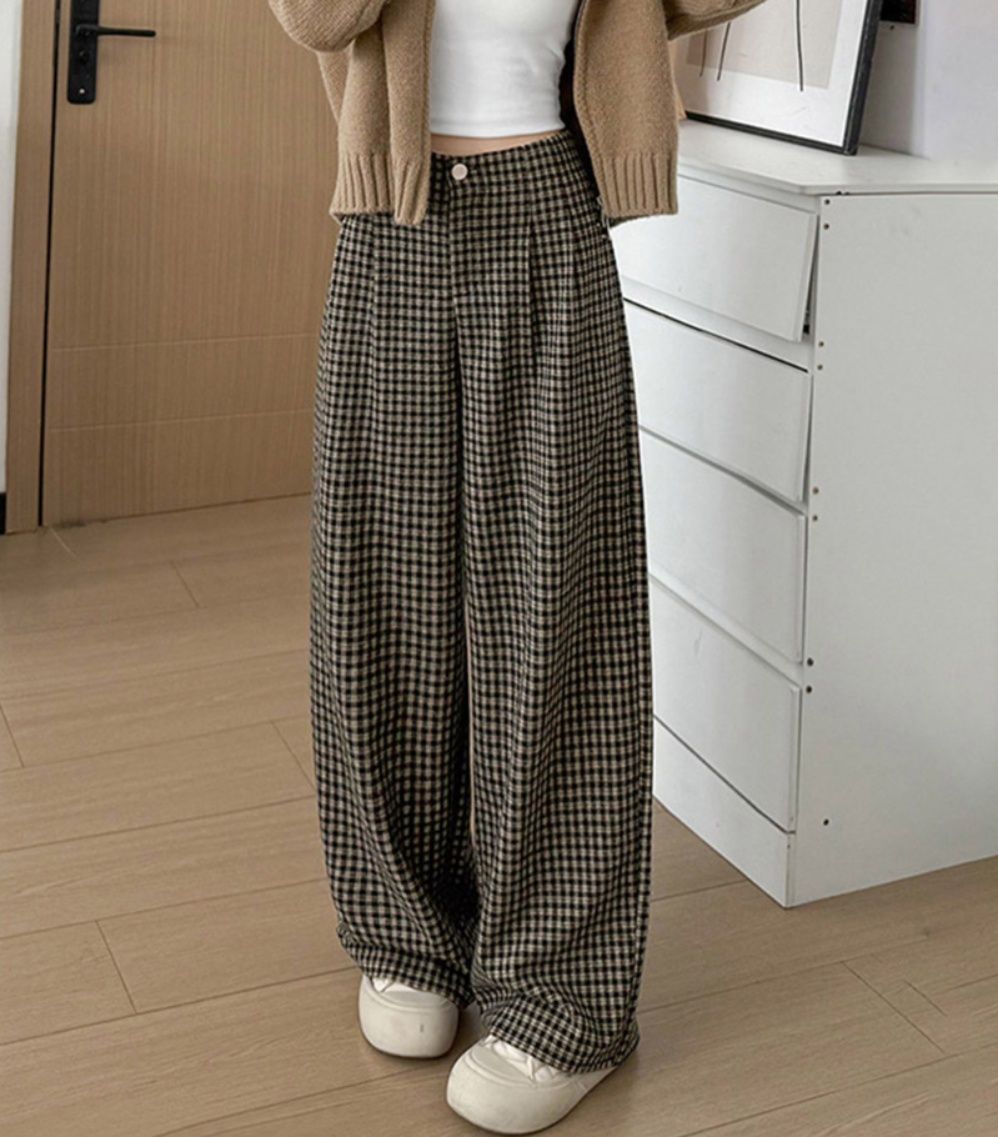 レディースワイドパンツ チェック柄ハイウエストワイドパンツ秋冬