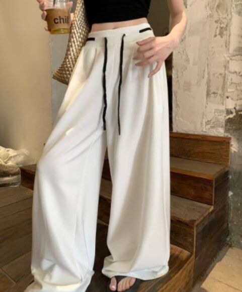 レディースワイドパンツ ハイウエスト紐付きワイドパンツ ゆったり美脚ボトムス