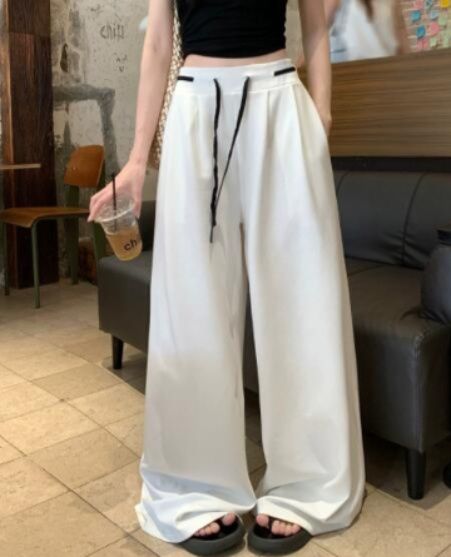 レディースワイドパンツ ハイウエスト紐付きワイドパンツ ゆったり美脚ボトムス
