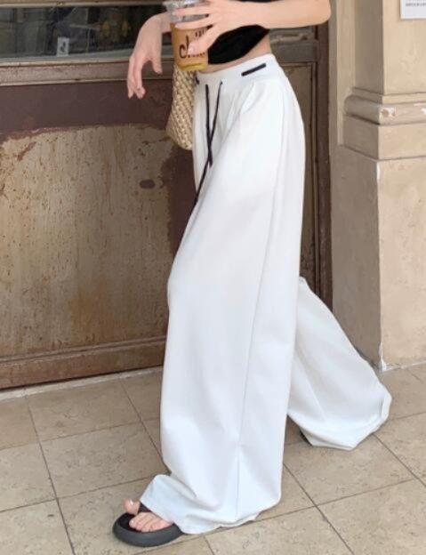 レディースワイドパンツ ハイウエスト紐付きワイドパンツ ゆったり美脚ボトムス