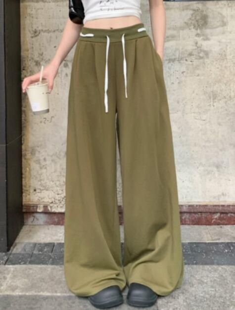 レディースワイドパンツ ハイウエスト紐付きワイドパンツ ゆったり美脚ボトムス